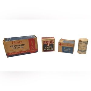 Set of Vintage Medical Bandage Containers with Bandages